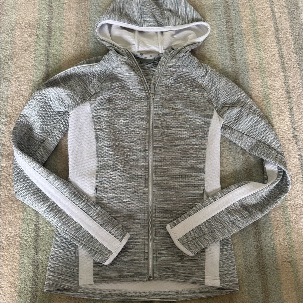 Athleta Light Gray and White Zip-Up Hooded Sweatshirt